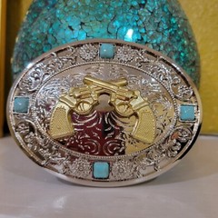 Crossed guns Western belt Buckle oval Gold Silver Heavy blue stone accents