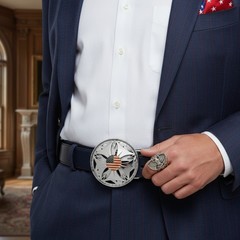 Men Silver Metal Fashion Buckle Round Spinning USA Flag United States America