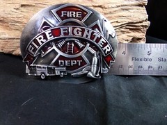 Men&rsquo;s Metal Belt Buckle Fire Fighter Fire Department, Red & Grey, Fire Truck, Ax