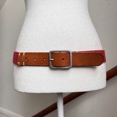 Vintage Red Canvas Brown Leather Belt Silver Buckle Preppy Statement