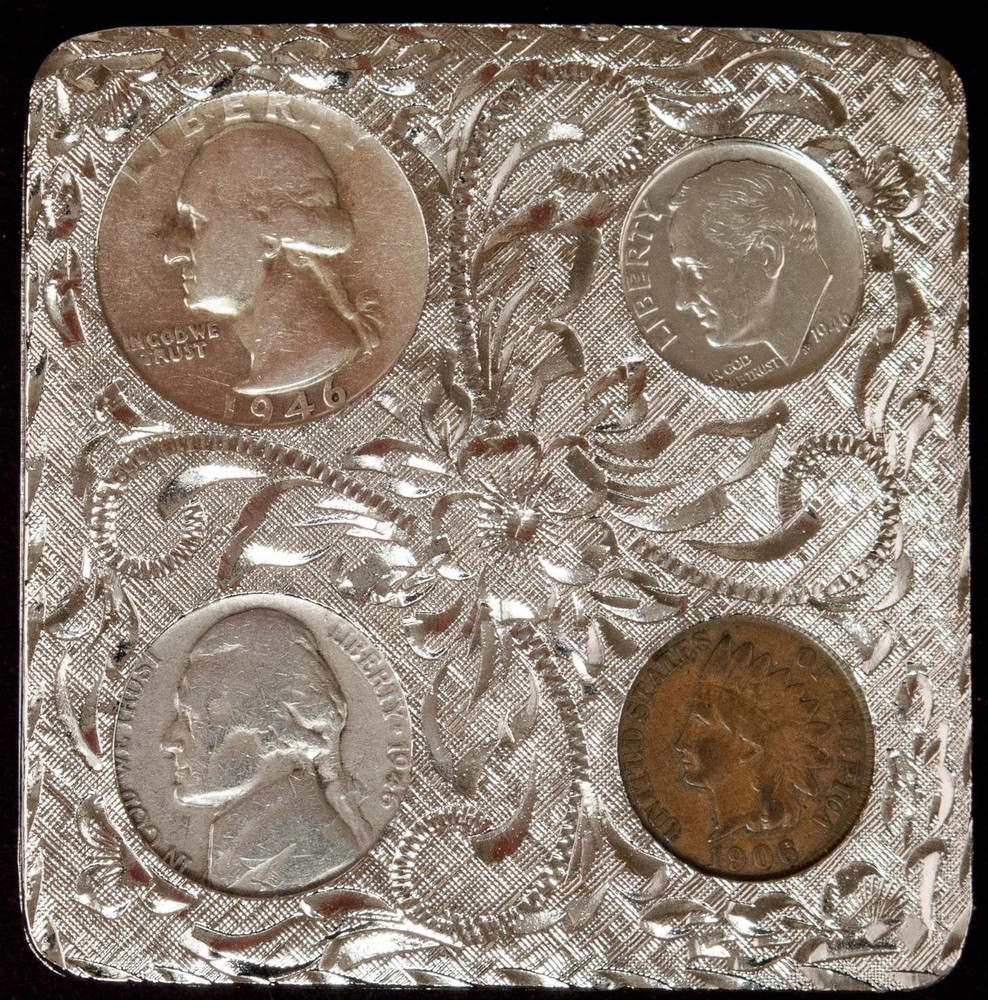Coin Belt Buckle Etched 1946 90% Silver Coins & 1908 Indian Head Penny Western