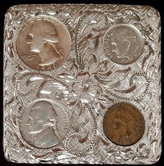 Coin Belt Buckle Etched 1946 90% Silver Coins & 1908 Indian Head Penny Western