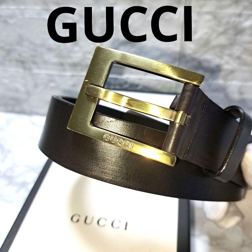 GUCCI buckle belt Logo Gold hardware Dark Brown Men&rsquo;s Leather Made in Italy Used