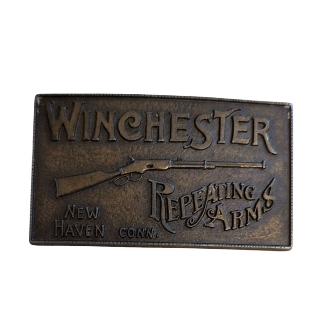 Vintage Solid Brass Belt Buckle Winchester Repeating Arms New Haven CT