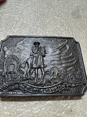 Vtg Brass Belt Buckle Western Pioneers Wagon Trail Cowboy Horse Approx 3.5&Prime;x2.5&Prime;