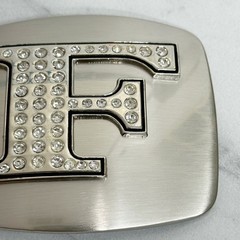 Rhinestone Studded F Letter Initial Monogram Silver Tone Belt Buckle