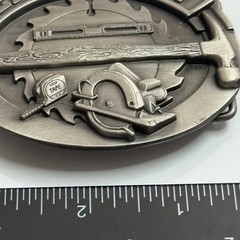 Siskiyou Carpenter Belt Buckle 1991 Pewter Hammer Saw Tape Measure Tool Design