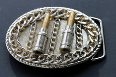 Gun Rifle Bullets Chain Cowboy Hunter Silver Tone Belt Buckle