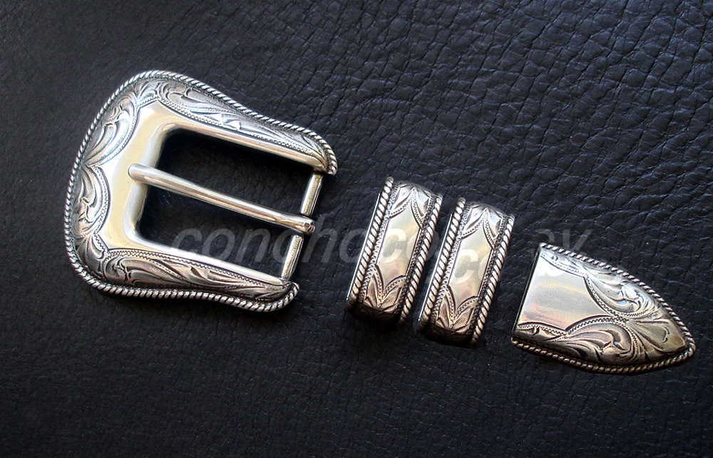 WESTERN ANTIQUE ROPE EDGE ENGRAVED 4 piece BELT BUCKLE SET FIT 1&Prime; wide strap