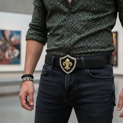 Men Belt Buckle Silver Metal Cowboy Western Gold Fleur De Lys Lily French Shield