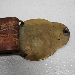 Vtg Mens Ornate Filigree Brass Belt Buckle w 36&Prime; Hand Tooled Brown Leather Belt