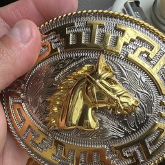 Men&rsquo;s Western Oval Belt Buckle Gold Silver Horse Head Greek Key 1.5 in
