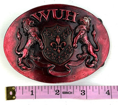 Washed Up Hollywood 1.75&Prime; Lion Fleur Heraldic Pewter Brass 065PB Red Belt Buckle