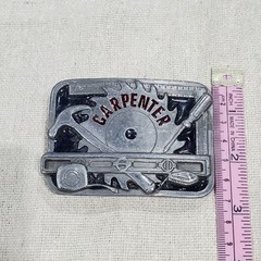 VINTAGE CARPENTER BELT BUCKLE SILVER METAL C&J INC 1994 COLLECTIBLE MENSWEAR DAD