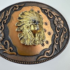 Western Copper Tone Belt Buckle Native Chief Head Oval Floral Scroll