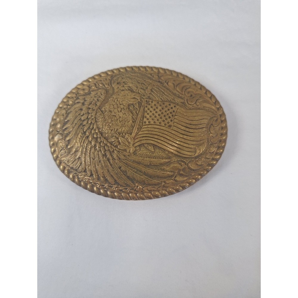 Vintage Crumrine Mfg Brass Belt Buckle American Eagle Flag Western Reno NV USA