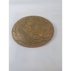 Vintage Crumrine Mfg Brass Belt Buckle American Eagle Flag Western Reno NV USA