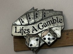 LIFES A GAMBLE BELT BUCKLE ACES & SEVENS MOBTOWN PEWTER US MADE NEW