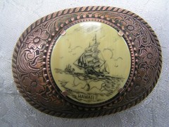 Clipper Ship Scrimshaw Belt Buckle Copper Hawaii