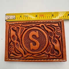 Vintage Hand Tooled Leather Belt Buckle Monogram Initial S Western Floral Tan