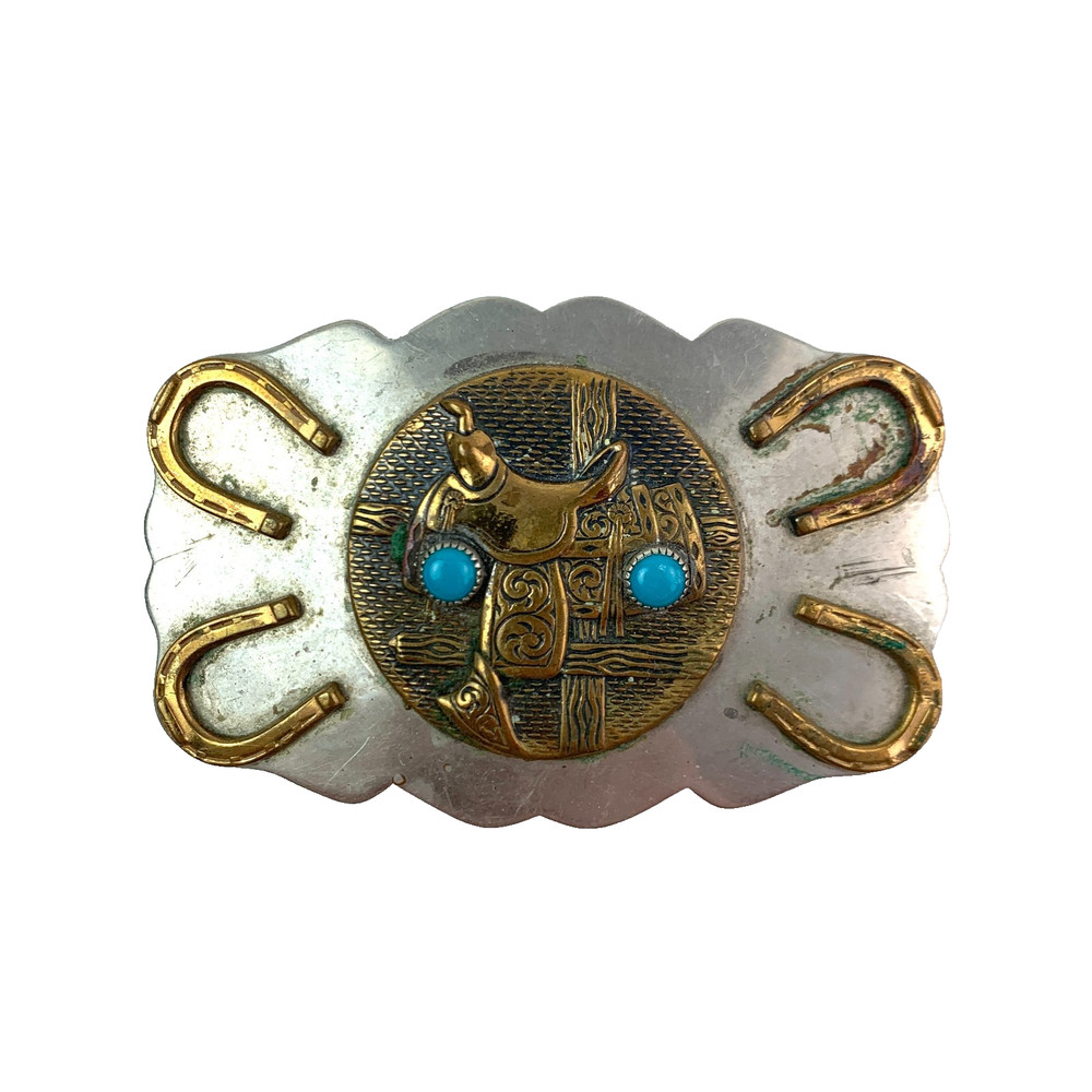 Vintage Nickel Silver Horseshoe Saddle Blue Gem Western Metal Belt Buckle