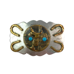Vintage Nickel Silver Horseshoe Saddle Blue Gem Western Metal Belt Buckle