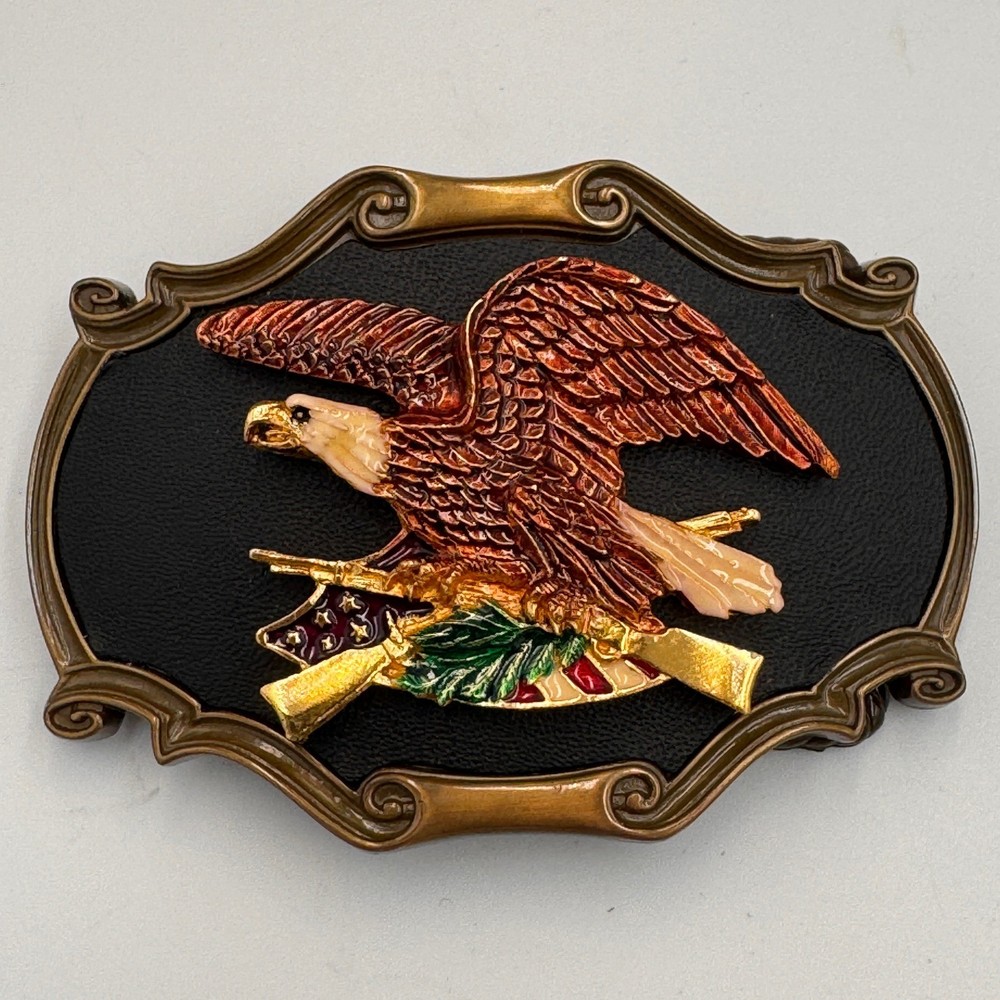 Vintage Eagle Rifle American Flag Belt Buckle Patriotic Western Bronze Tone 3D