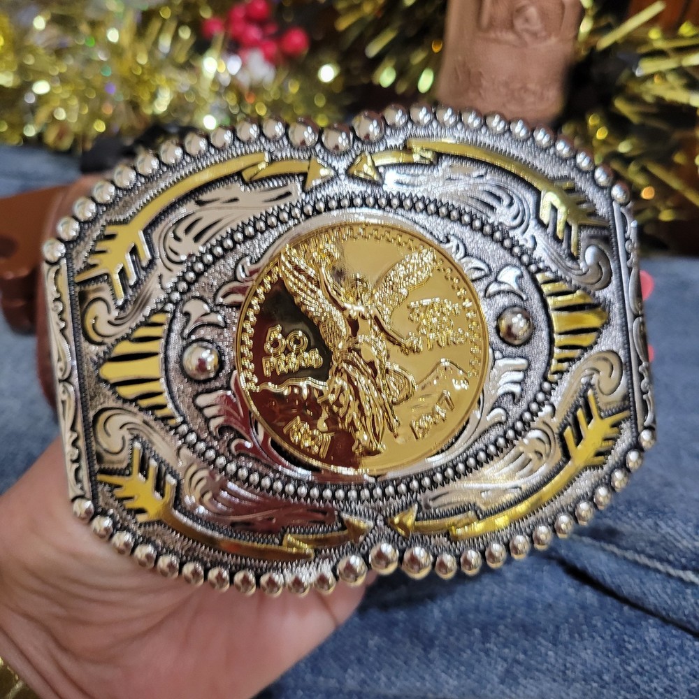 Centenario Cowboy Belt Buckle Western Hebilla Silver Gold Faux Mexican Peso