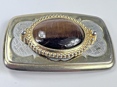 Vintage Western Belt Buckle Gold Silver Tone Tiger&rsquo;s Eye Oval Cowboy Accessory