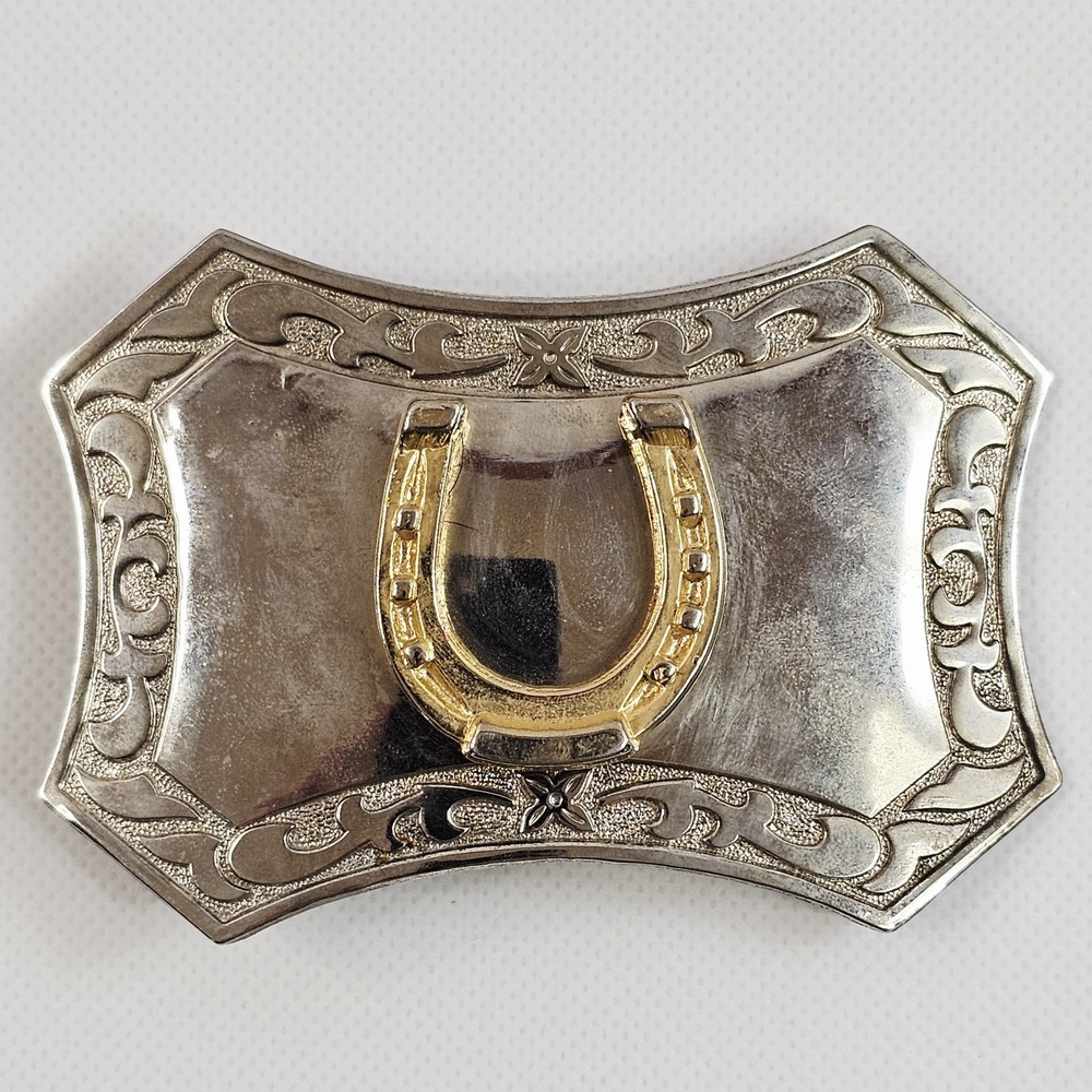 Chrome Horseshoe Belt Buckle Scroll Border Flared Ends Equestrian Vtg