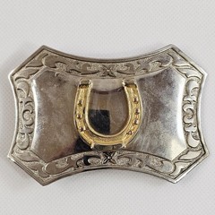 Chrome Horseshoe Belt Buckle Scroll Border Flared Ends Equestrian Vtg