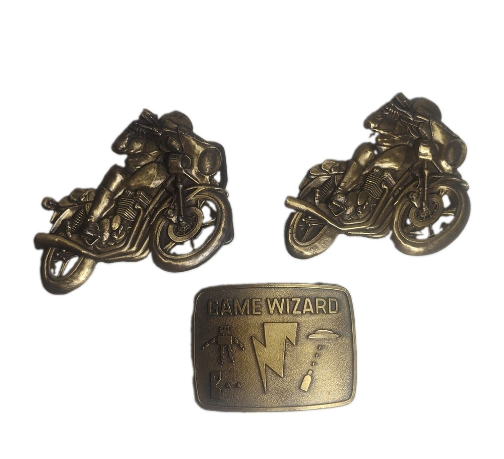 Lot of 3 Vintage Belt Buckles: Rare Game Wizard & Classic Biker Motorcycles