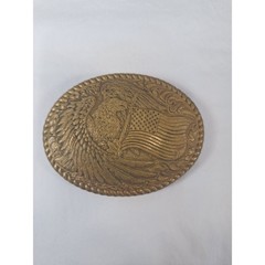 Vintage Crumrine Mfg Brass Belt Buckle American Eagle Flag Western Reno NV USA