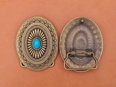 Vintage Brass Southeast Indian Tribal Flower Turquoise Leather Belt Buckle Huge