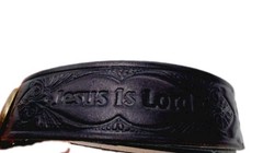Jesus Is Lord Belt Black Length 57&Prime; Etched Gold Tone Buckle
