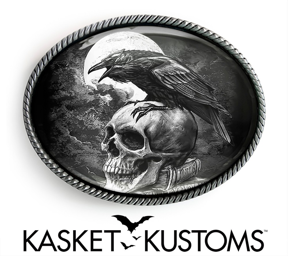 Raven Nevermore Belt Buckle – Esoteric Crow and Skull Occult Art Buckle – 928