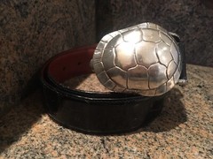 RARE!!! Huge Kieselstein Cord Silver Turtle Buckle W/Black Alligator Belt Size 1