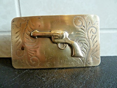 Vintage Western Brass Belt Buckle Embossed Revolver Gun Pistol Solid Bar RARE