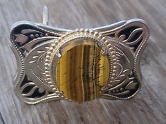 Vintage Brown Tiger Eye Country Western Mens Cowboy Belt Buckle 3&Prime; Gold Tone VGC