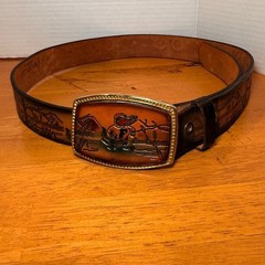 Vtg Brown Leather Belt with UF of Fl Mascot with Western scenes. Buckle Uf Gator