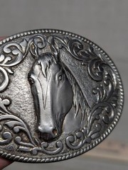 vintage USA made HORSE belt buckle CHAMBERS western 24K GOLD PLATE brass