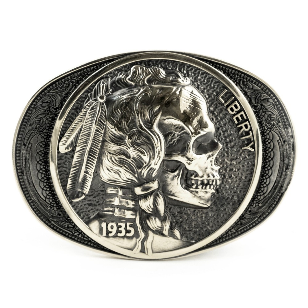 German silver buckle Indian chief skull, Liberty 1935 coin, Chief, Indian head