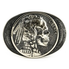 German silver buckle Indian chief skull, Liberty 1935 coin, Chief, Indian head