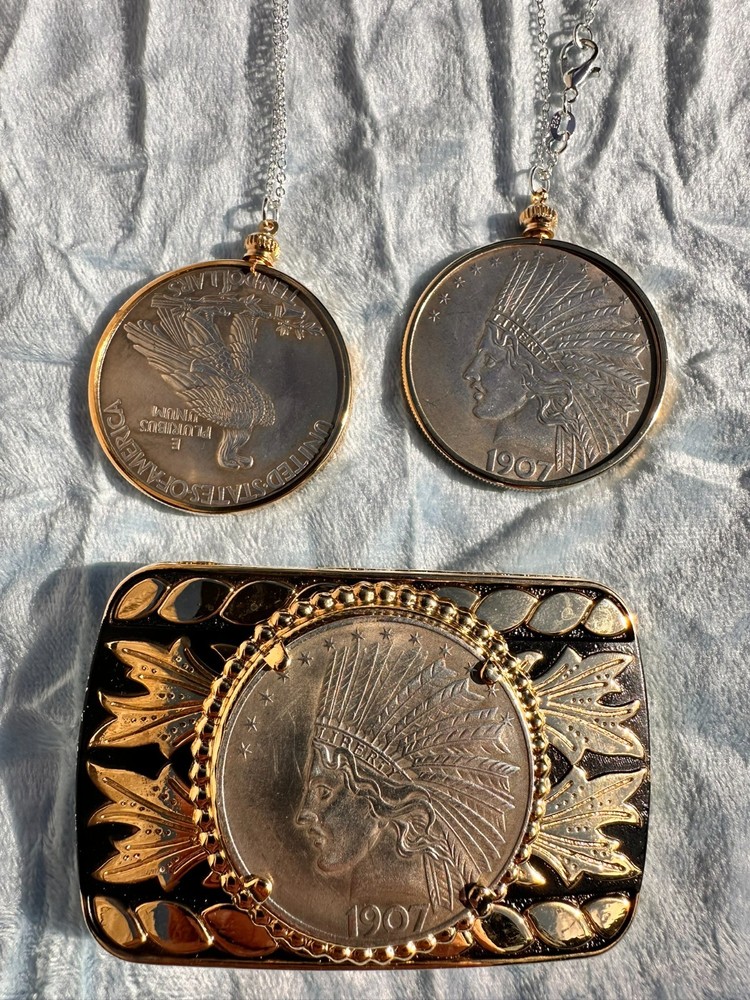 Antique 1907 Silver Indian Head Eagle & 24K Gold Belt Buckle Belt Bar Necklace