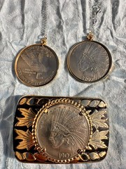 Antique 1907 Silver Indian Head Eagle & 24K Gold Belt Buckle Belt Bar Necklace