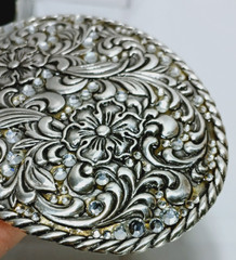 Nocona Womens Rhinestone Floral Belt Buckle in box=3.5&Prime; long = Silver tone