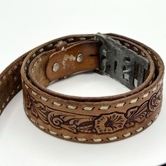 Leather Belt Hand-Tooled Floral Motif with Large Metal TEXAS Belt Belt Buckle
