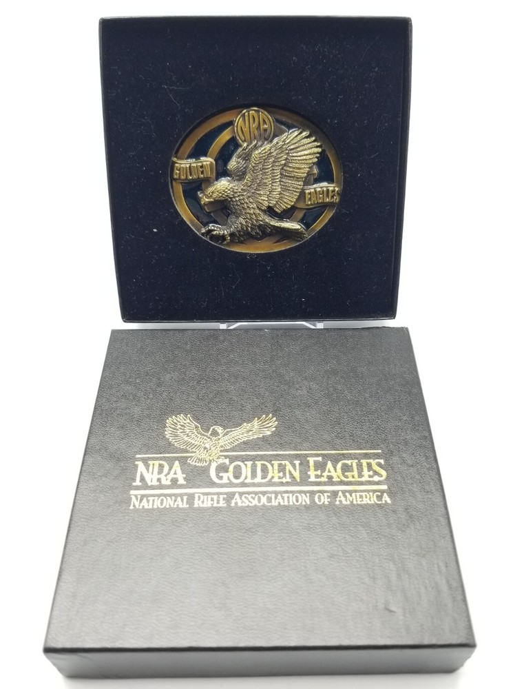 NRA Golden Eagles Brass Black Enamel Belt Buckle in Original Box