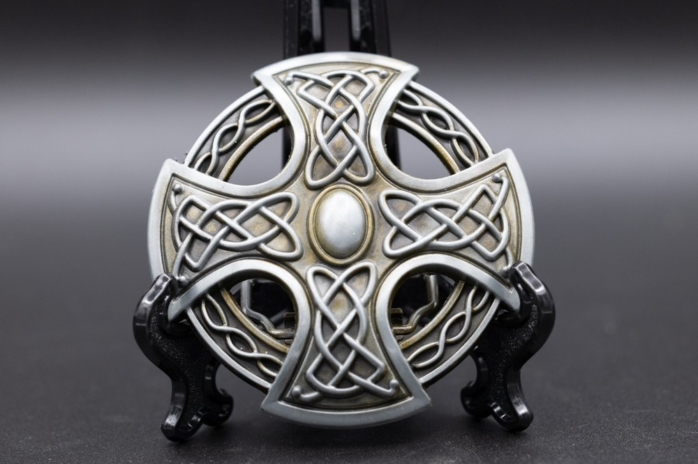 Vintage Style Celtic Cross Belt Buckle Intricate Knotwork Oval Center Cabochon
