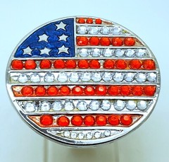 American Flag Belt Buckle round Rhinestones Red White Blue Patriotic mem & women
